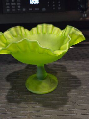 Westmoreland Green Satin Glass Footed Pedestal Base Ruffled Candy Dish Compote